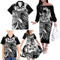 Aloha Black Tribal Honu Tattoo Family Matching Off The Shoulder Long Sleeve Dress and Hawaiian Shirt LT9 - Polynesian Pride