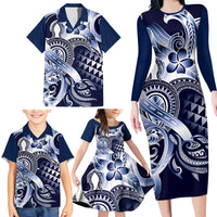 Aloha Blue Tribal Honu Tattoo Family Matching Long Sleeve Bodycon Dress and Hawaiian Shirt LT9 - Polynesian Pride