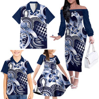 Aloha Blue Tribal Honu Tattoo Family Matching Off The Shoulder Long Sleeve Dress and Hawaiian Shirt LT9 - Polynesian Pride