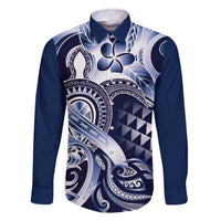 Aloha Blue Tribal Honu Tattoo Family Matching Off The Shoulder Long Sleeve Dress and Hawaiian Shirt LT9 Dad's Shirt - Long Sleeve Blue - Polynesian Pride
