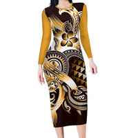 Aloha Gold Tribal Honu Tattoo Family Matching Long Sleeve Bodycon Dress and Hawaiian Shirt LT9 Mom's Dress Gold - Polynesian Pride