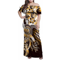 Aloha Gold Tribal Honu Tattoo Family Matching Off Shoulder Maxi Dress and Hawaiian Shirt LT9 Mom's Dress Gold - Polynesian Pride