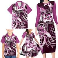 Aloha Pink Tribal Honu Tattoo Family Matching Long Sleeve Bodycon Dress and Hawaiian Shirt LT9 - Polynesian Pride
