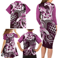 Aloha Pink Tribal Honu Tattoo Family Matching Long Sleeve Bodycon Dress and Hawaiian Shirt LT9 - Polynesian Pride