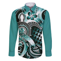 Aloha Turquoise Tribal Honu Tattoo Family Matching Off The Shoulder Long Sleeve Dress and Hawaiian Shirt LT9 Dad's Shirt - Long Sleeve Turquoise - Polynesian Pride