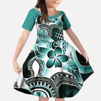 Aloha Turquoise Tribal Honu Tattoo Family Matching Off Shoulder Maxi Dress and Hawaiian Shirt LT9 Daughter's Dress Turquoise - Polynesian Pride