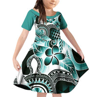 Aloha Turquoise Tribal Honu Tattoo Family Matching Off Shoulder Short Dress and Hawaiian Shirt LT9 Daughter's Dress Turquoise - Polynesian Pride