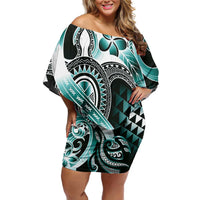 Aloha Turquoise Tribal Honu Tattoo Family Matching Off Shoulder Short Dress and Hawaiian Shirt LT9 Mom's Dress Turquoise - Polynesian Pride