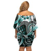 Aloha Turquoise Tribal Honu Tattoo Family Matching Off Shoulder Short Dress and Hawaiian Shirt LT9 - Polynesian Pride
