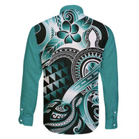 Aloha Turquoise Tribal Honu Tattoo Family Matching Short Sleeve Bodycon Dress and Hawaiian Shirt