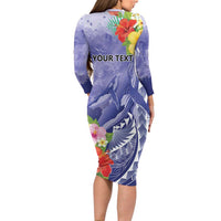 Personalised Chuuk States Humpback Whale Family Matching Long Sleeve Bodycon Dress and Hawaiian Shirt Polynesian Tropical Flowers LT9 - Polynesian Pride