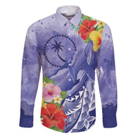 Personalised Chuuk States Humpback Whale Family Matching Off The Shoulder Long Sleeve Dress and Hawaiian Shirt Polynesian Tropical Flowers LT9 Dad's Shirt - Long Sleeve Blue - Polynesian Pride