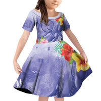 Personalised Chuuk States Humpback Whale Family Matching Off Shoulder Short Dress and Hawaiian Shirt Polynesian Tropical Flowers LT9 Daughter's Dress Blue - Polynesian Pride
