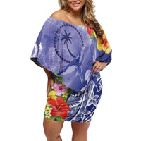 Personalised Chuuk States Humpback Whale Family Matching Off Shoulder Short Dress and Hawaiian Shirt Polynesian Tropical Flowers LT9 Mom's Dress Blue - Polynesian Pride