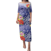Personalised Chuuk States Humpback Whale Family Matching Puletasi and Hawaiian Shirt Polynesian Tropical Flowers LT9 Mom's Dress Blue - Polynesian Pride