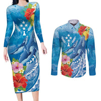 Personalised Kosrae States Humpback Whale Couples Matching Long Sleeve Bodycon Dress and Long Sleeve Button Shirt Polynesian Tropical Flowers LT9 Blue - Polynesian Pride