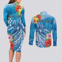 Personalised Kosrae States Humpback Whale Couples Matching Long Sleeve Bodycon Dress and Long Sleeve Button Shirt Polynesian Tropical Flowers LT9 - Polynesian Pride