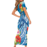 Personalised Kosrae States Humpback Whale Family Matching Short Sleeve Bodycon Dress and Hawaiian Shirt Polynesian Tropical Flowers LT9 - Polynesian Pride