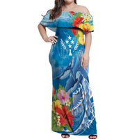 Personalised Kosrae States Humpback Whale Off Shoulder Maxi Dress Polynesian Tropical Flowers LT9 Women Blue - Polynesian Pride