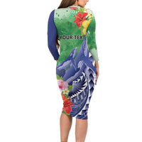 Personalised Pohnpei States Humpback Whale Family Matching Long Sleeve Bodycon Dress and Hawaiian Shirt Polynesian Tropical Flowers LT9 - Polynesian Pride