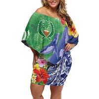Personalised Pohnpei States Humpback Whale Family Matching Off Shoulder Short Dress and Hawaiian Shirt Polynesian Tropical Flowers LT9 Mom's Dress Blue - Polynesian Pride