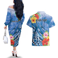 Personalised Yap States Humpback Whale Couples Matching Off The Shoulder Long Sleeve Dress and Hawaiian Shirt Polynesian Tropical Flowers LT9 - Polynesian Pride