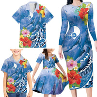 Personalised Yap States Humpback Whale Family Matching Long Sleeve Bodycon Dress and Hawaiian Shirt Polynesian Tropical Flowers LT9 - Polynesian Pride