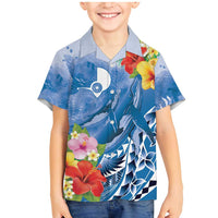 Personalised Yap States Humpback Whale Family Matching Mermaid Dress and Hawaiian Shirt Polynesian Tropical Flowers LT9 Son's Shirt Blue - Polynesian Pride