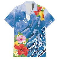 Personalised Yap States Humpback Whale Family Matching Off The Shoulder Long Sleeve Dress and Hawaiian Shirt Polynesian Tropical Flowers LT9 Dad's Shirt - Short Sleeve Blue - Polynesian Pride