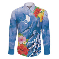 Personalised Yap States Humpback Whale Family Matching Off The Shoulder Long Sleeve Dress and Hawaiian Shirt Polynesian Tropical Flowers LT9 Dad's Shirt - Long Sleeve Blue - Polynesian Pride