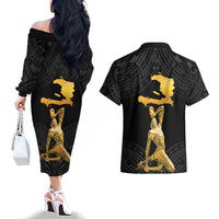 Haitian Negre Marron 1804 Couples Matching Off The Shoulder Long Sleeve Dress and Hawaiian Shirt Black Polynesian Pattern