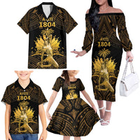 Haitian Negre Marron 1804 Family Matching Off The Shoulder Long Sleeve Dress and Hawaiian Shirt Gold Polynesian Pattern LT9 - Polynesian Pride
