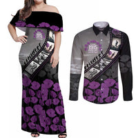 Personalised Remembering ANZAC Lest We Forget Couples Matching Off Shoulder Maxi Dress and Long Sleeve Button Shirt Vintage Film Frame Memorial Purple Poppy