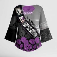 Personalised Remembering ANZAC Lest We Forget Kimono Sleeve Blouse Vintage Film Frame Memorial Purple Poppy