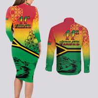 Hapi 44th Indipendens Dei Vanuatu Couples Matching Long Sleeve Bodycon Dress and Long Sleeve Button Shirt Yumi 1980 with Vanuatuan Beach Landscape