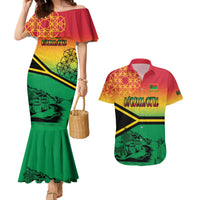 Hapi 44th Indipendens Dei Vanuatu Couples Matching Mermaid Dress and Hawaiian Shirt Yumi 1980 with Vanuatuan Beach Landscape LT9 Reggae - Polynesian Pride