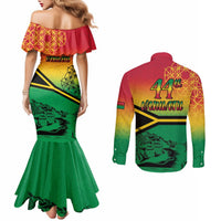 Hapi 44th Indipendens Dei Vanuatu Couples Matching Mermaid Dress and Long Sleeve Button Shirt Yumi 1980 with Vanuatuan Beach Landscape