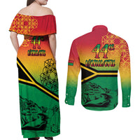 Hapi 44th Indipendens Dei Vanuatu Couples Matching Off Shoulder Maxi Dress and Long Sleeve Button Shirt Yumi 1980 with Vanuatuan Beach Landscape