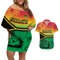 Hapi 44th Indipendens Dei Vanuatu Couples Matching Off Shoulder Short Dress and Hawaiian Shirt Yumi 1980 with Vanuatuan Beach Landscape