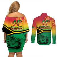 Hapi 44th Indipendens Dei Vanuatu Couples Matching Off Shoulder Short Dress and Long Sleeve Button Shirt Yumi 1980 with Vanuatuan Beach Landscape