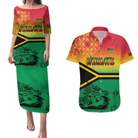 Hapi 44th Indipendens Dei Vanuatu Couples Matching Puletasi and Hawaiian Shirt Yumi 1980 with Vanuatuan Beach Landscape