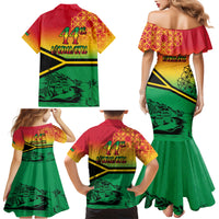 Hapi 44th Indipendens Dei Vanuatu Family Matching Mermaid Dress and Hawaiian Shirt Yumi 1980 with Vanuatuan Beach Landscape