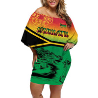 Hapi 44th Indipendens Dei Vanuatu Off Shoulder Short Dress Yumi 1980 with Vanuatuan Beach Landscape LT9 Women Reggae - Polynesian Pride