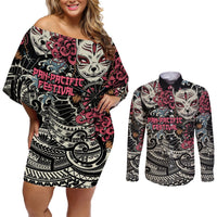 Personalized Japanese Kitsune Mask Couples Matching Off Shoulder Short Dress and Long Sleeve Button Shirt With Polynesian Arty Style LT9 Black - Polynesian Pride