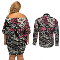 Personalized Japanese Kitsune Mask Couples Matching Off Shoulder Short Dress and Long Sleeve Button Shirt With Polynesian Arty Style LT9 - Polynesian Pride