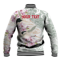Personalized Japanese Shirasagi Bird Baseball Jacket Sakura and Hibiscus Polynesian Pattern