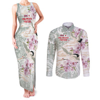 Personalized Japanese Shirasagi Bird Couples Matching Tank Maxi Dress and Long Sleeve Button Shirt Sakura and Hibiscus Polynesian Pattern