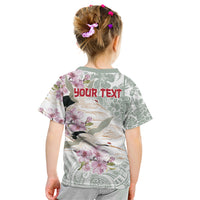 Personalized Japanese Shirasagi Bird Kid T Shirt Sakura and Hibiscus Polynesian Pattern