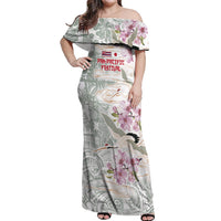 Personalized Japanese Shirasagi Bird Off Shoulder Maxi Dress Sakura and Hibiscus Polynesian Pattern