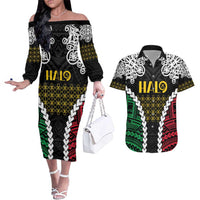 Halo Vanuatu Pride Couples Matching Off The Shoulder Long Sleeve Dress and Hawaiian Shirt Vanuatuan Sand Drawing Pattern